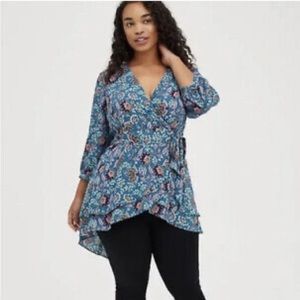 Torrid Blue Floral Georgette Bohemian Wrap Peasant Blouse, Size L (12)